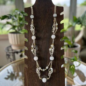 Vintage Lucite & Plastic Bead Necklace Gold Accents & White Pearlescent Beads